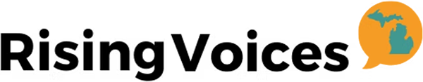 Logo featuring the word 'Michigan' in a modern font, accompanied by a speech bubble containing an outline of the state of Michigan in teal on an orange background.