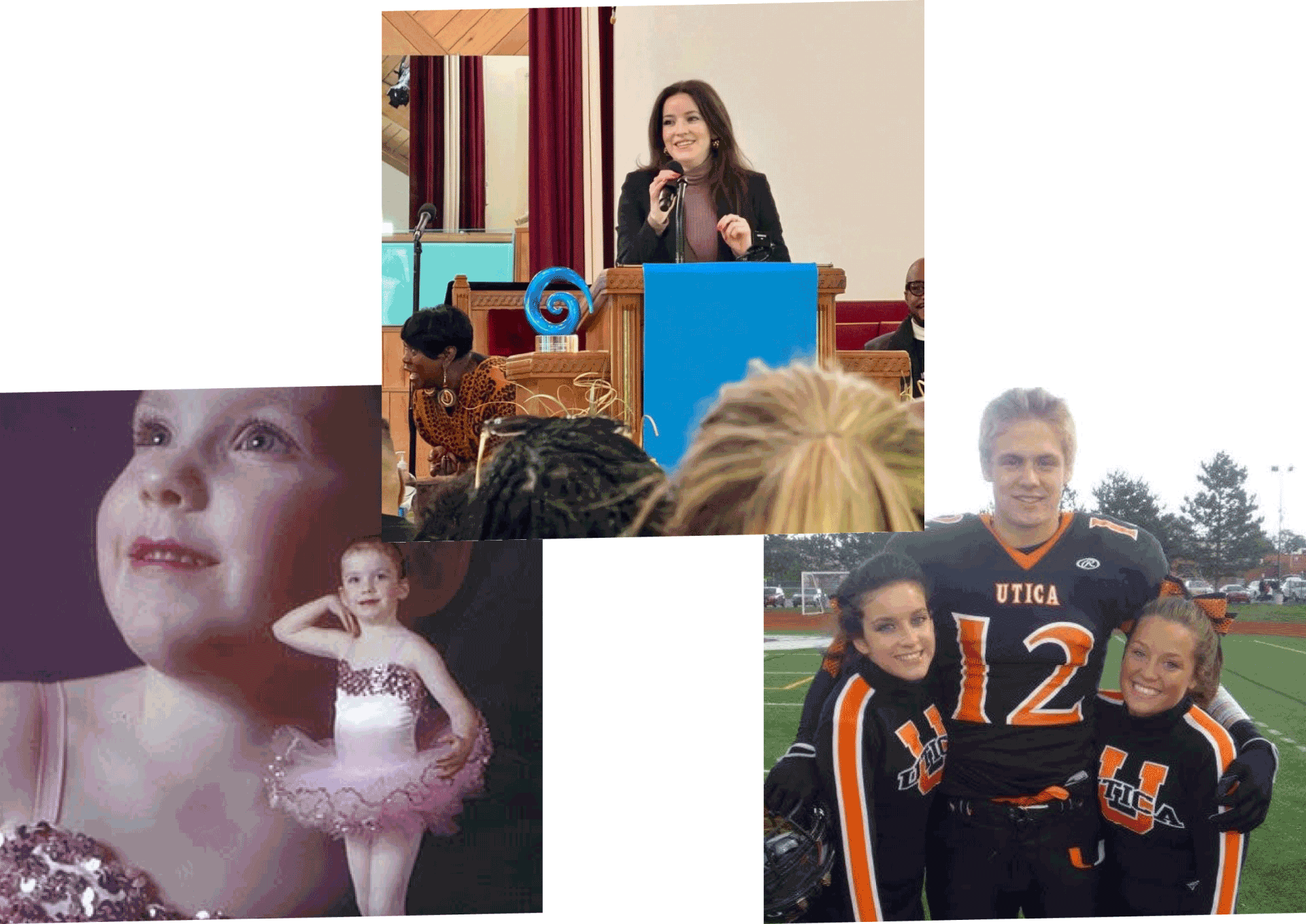 Eine Collage aus drei Bildern: eine Frau spricht an einem Rednerpult, ein lächelndes junges Mädchen trägt ein Ballettkostüm, und zwei junge Sportler posieren in Teamuniformen auf einem Footballfeld.