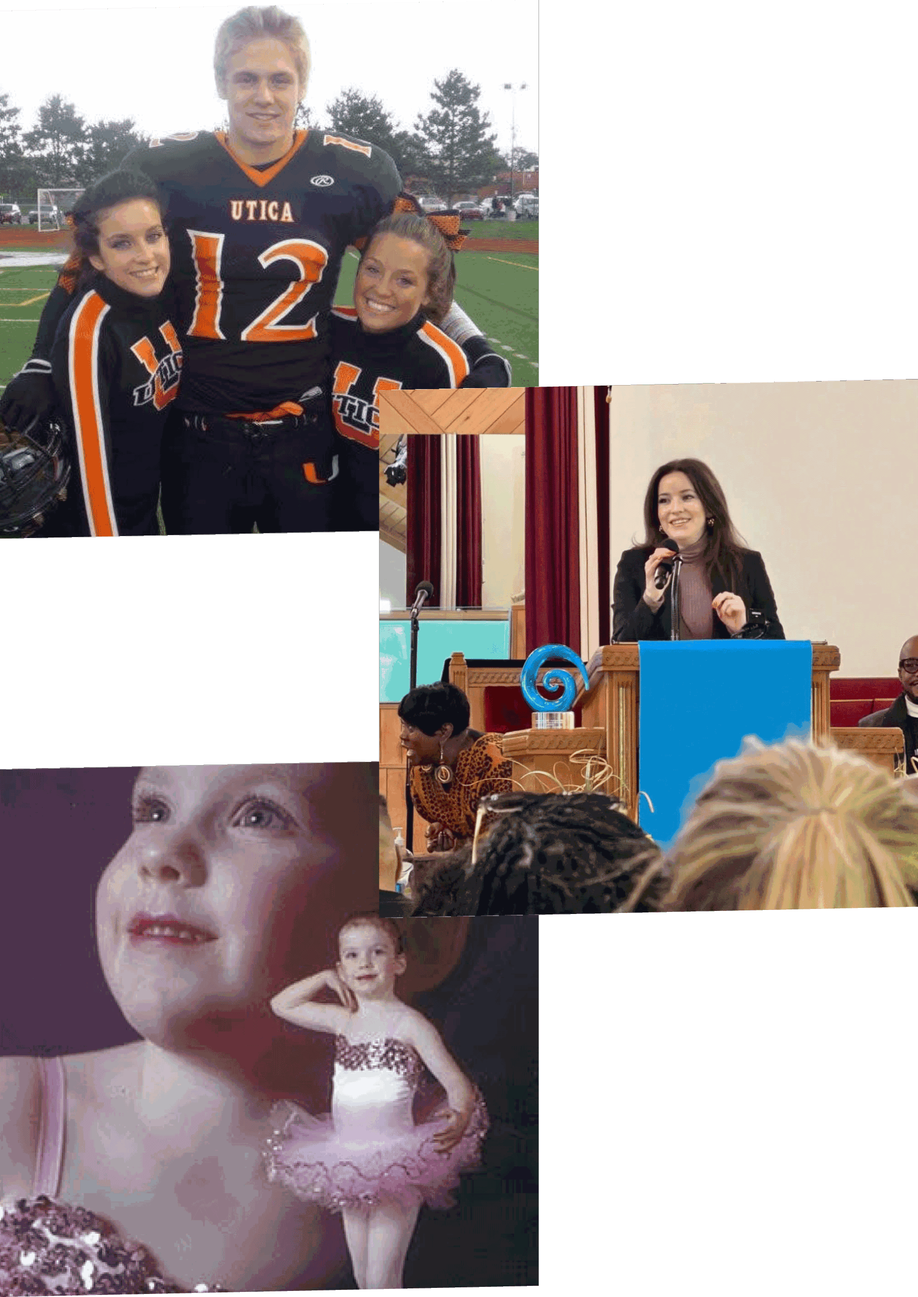 Eine Collage aus drei Bildern: ein junger Mann in Footballuniform mit zwei Cheerleaderinnen, eine Frau spricht in einem Gemeinschaftsumfeld an einem Rednerpult, und ein junges Mädchen in Ballettkostüm blickt nach oben.