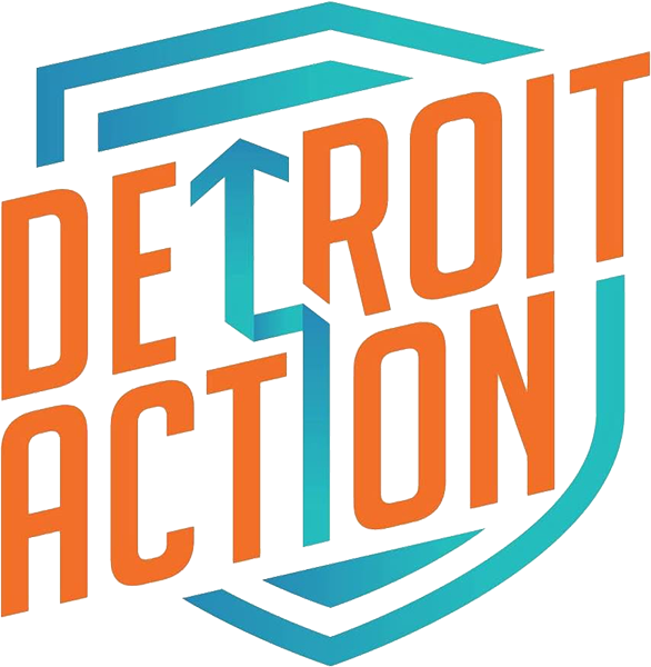 A graphic logo featuring the words "DETROIT ACTION" in bold orange letters with blue accents. The design includes a shield outline with geometric shapes and an upward arrow, emphasizing action and movement.