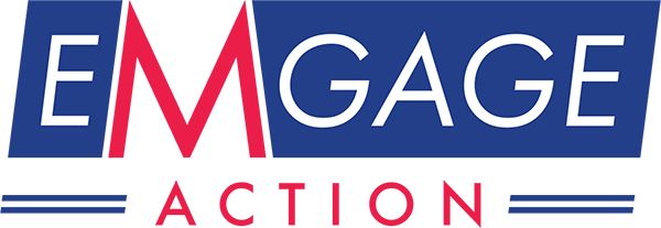 A logo for EMGAGE ACTION featuring the name 'EMGAGE' in red and white letters on a blue background, with 'ACTION' in red below it. The letters have varying heights, creating a dynamic visual effect.