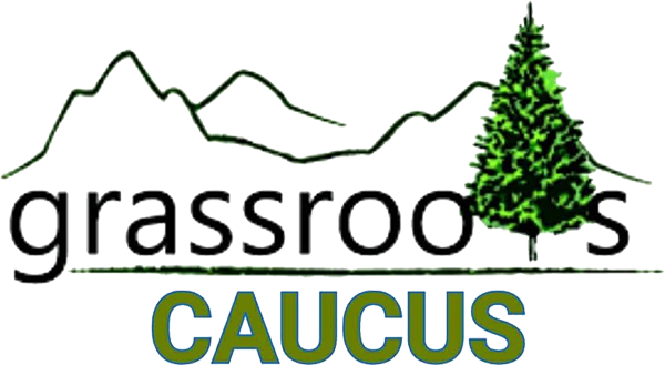 A logo featuring the word 'grassroots' in black text, accompanied by a stylized green tree beside it. The design includes outlines of mountains in the background. Below the word 'grassroots', the word 'CAUCUS' is presented in bold green lettering.