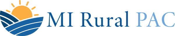 A logo featuring a stylized sun above blue waves with the text "MI Rural PAC" in a modern font beside it. The sun is yellow, and the waves are light and dark blue, indicating a connection to rural areas.