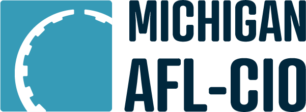 The logo of the Michigan AFL-CIO features a circular emblem with a gear motif in blue and white, alongside the text 'MICHIGAN AFL-CIO' in bold black letters. The design highlights labor unity and cooperation.