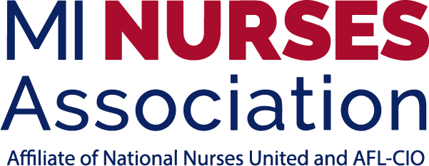 Logo of the Michigan Nurses Association featuring the text 'MI NURSES Association' in bold red and blue letters. Below, it states 'Affiliate of National Nurses United and AFL-CIO' in a smaller, blue font.
