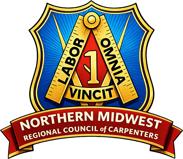 A colorful emblem featuring a pair of gold-colored compasses and a red triangular shape with the number one. Surrounding elements include the Latin phrase "LABOR OMNIA VINCIT" and a banner at the bottom reading "NORTHERN MIDWEST REGIONAL COUNCIL of CARPENTERS."