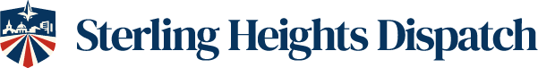 The logo of the Sterling Heights Dispatch features a blue and white emblem with a star and stylized city skyline. Below the emblem, the text 'Sterling Heights Dispatch' is presented in bold navy lettering.