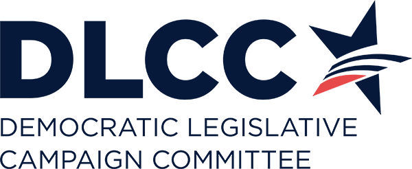 The DLCC Democratic Legislative Campaign Committee logo in dark blue with a red and navy star graphic on a black background.