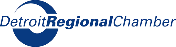 The Detroit Regional Chamber logo in blue, featuring a circular emblem and italicized text on a black background.