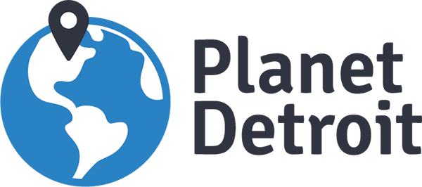 Logo with a blue globe icon and the words Planet Detroit in dark text on a black background.