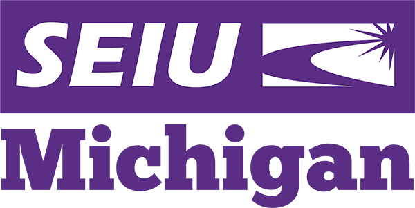 The SEIU Michigan logo in white and purple on a black background.