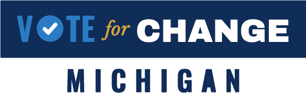 A blue campaign-style banner with the words “VOTE for CHANGE” in white and gold above “MICHIGAN” in dark blue.
