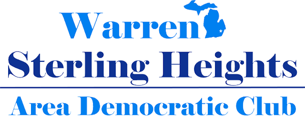 A blue sign reading "Warren Sterling Heights Area Democratic Club" on a black background.