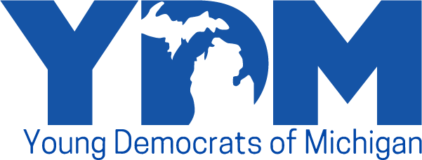 The Young Democrats of Michigan logo in blue, with large YDM letters and a black Michigan silhouette across the center.
