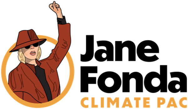 Illustrated woman in a hat and sunglasses raises one arm inside a yellow circle, with the partial text “CLIMATE PAC” on a black background.