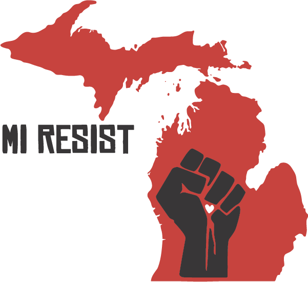 A red silhouette map of Michigan with a raised black fist and the words "MI RESIST" on a black background.