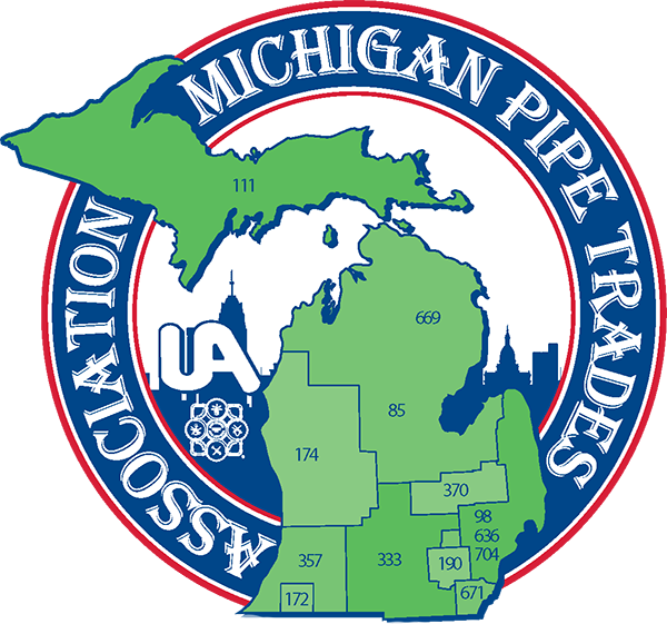 A circular Michigan Pipe Trades Association logo with a green map of Michigan, a blue border, and white lettering around the edge.