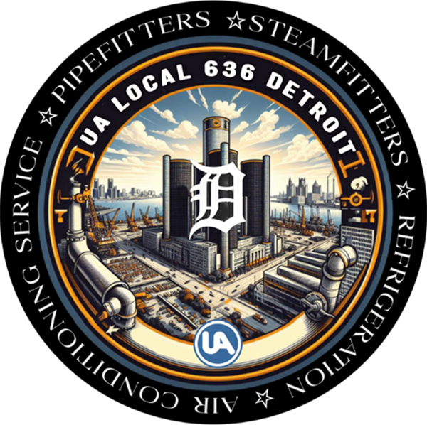A circular UA Local 636 Detroit logo featuring a central Detroit skyline illustration and a large gothic-style D, surrounded by the words Pipefitters, Steamfitters, Refrigeration, Air Conditioning, and Service.