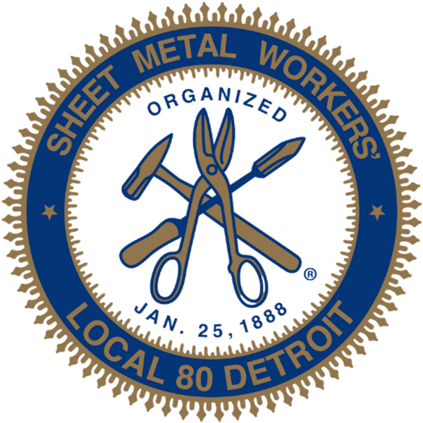 A circular Sheet Metal Workers Local 80 Detroit emblem with crossed tools in the center and gold sawtooth edging.